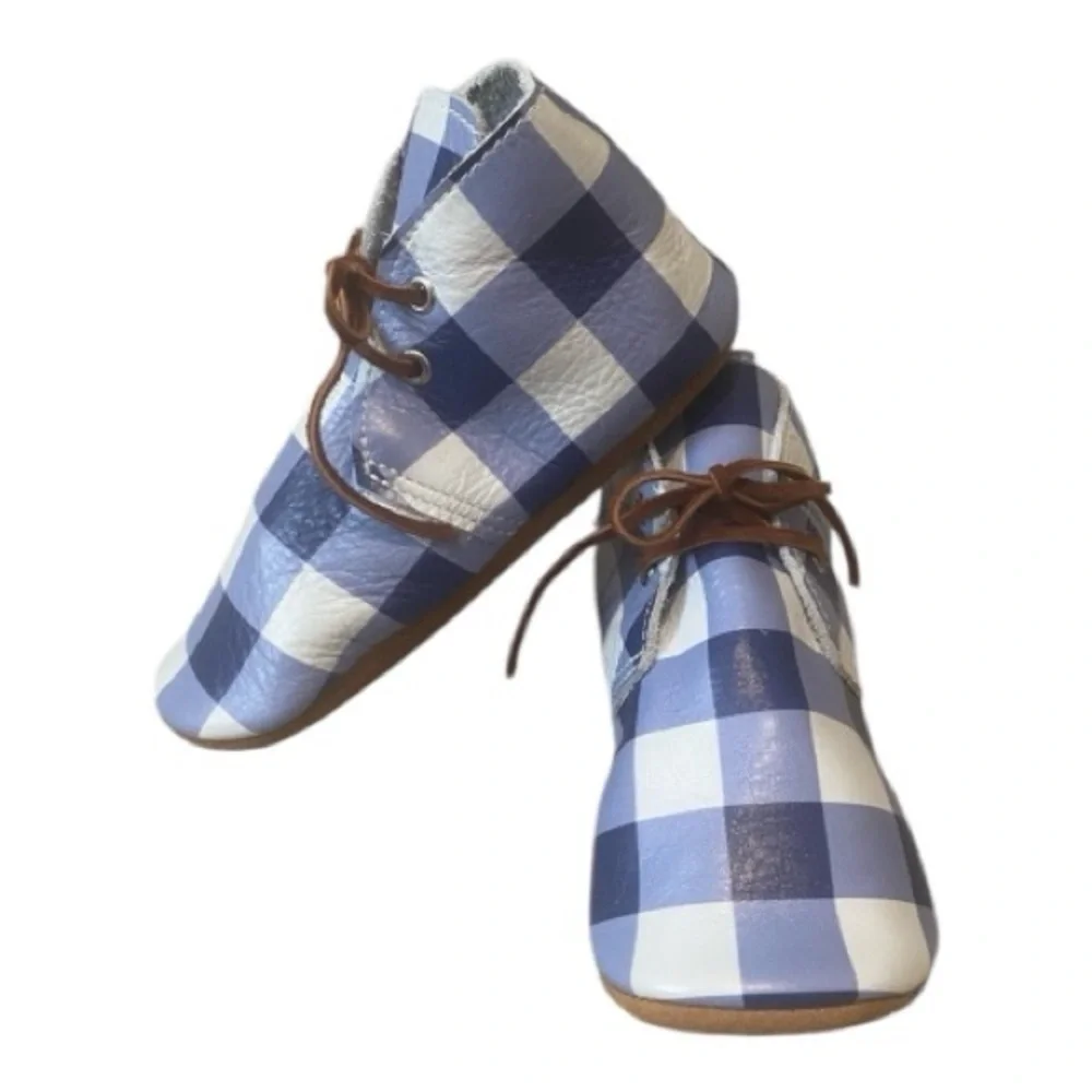 NEW Mon Petit Leather Blue White Checkered Shoes Size 8 Real Leather